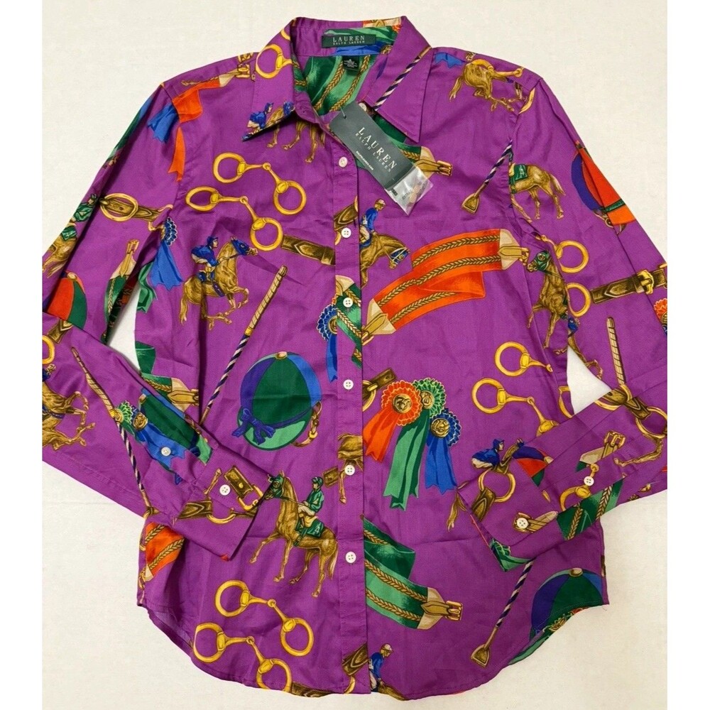 New Lauren Ralph Lauren Women’s S Purple Equestrian Horse Print Blouse Old Money